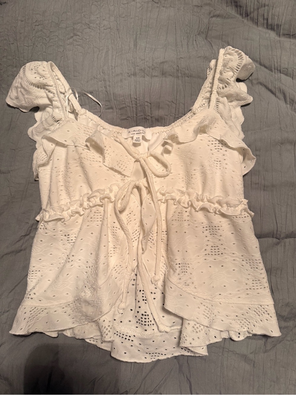 White Eyelet Ruffle Tie-Front Tank Top
